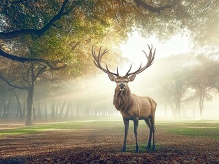 Majestic stag standing in a sunlit forest during early morning