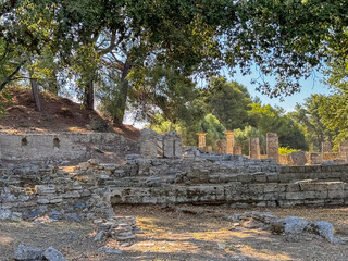Olympia, Greece - July 4, 2024: Birthplace of the Olympic Games. Looking over ruined walls and...