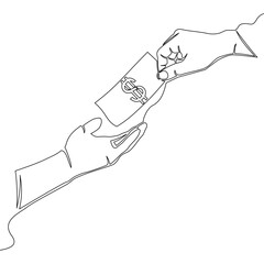Continuous one single line drawing Hand Passes a Dollar Bill to Another Hand, Symbolizing Financial Transaction icon vector illustration concept