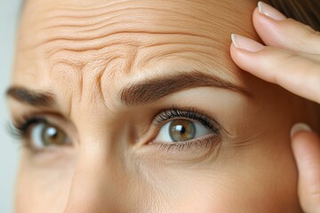 Worried European woman looking in mirror and touching wrinkles on forehead, examining skin fine lines, selective focus on reflection
