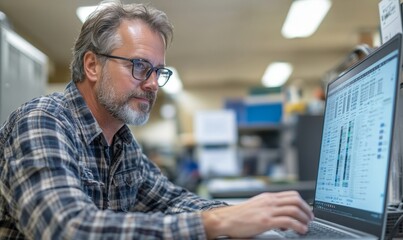 Businessman Interacting with a Product Lifecycle Management (PLM) System Interface on a Laptop for Efficient Workflow