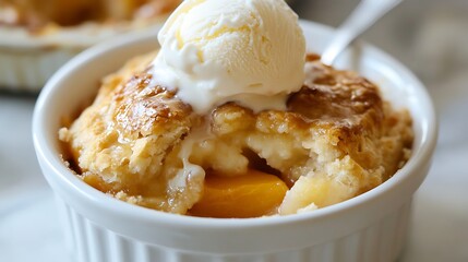 A warm, flaky peach cobbler topped with a scoop of vanilla ice cream