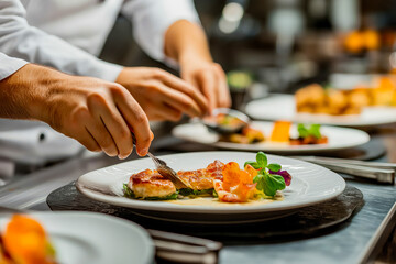 A couple carefully plating gourmet dishes in a professional kitchen, focusing on intricate details and elegant presentation for a fine dining experience