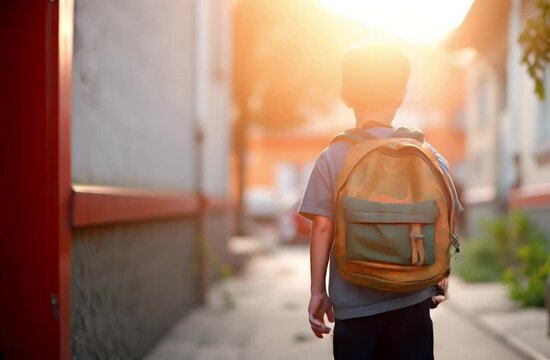 Little kid with a backpack at his first day of school. Back view.