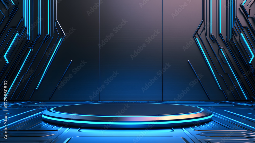 Poster dynamic futuristic stage design virtual reality studio graphic content high-tech environment wide an