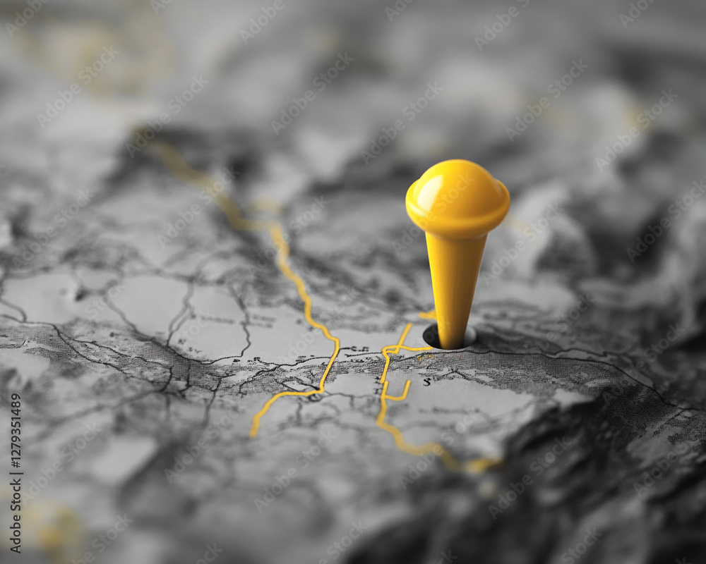 Aufkleber a yellow pushpin placed on a map with a blurred background, highlighting a specific location and rep