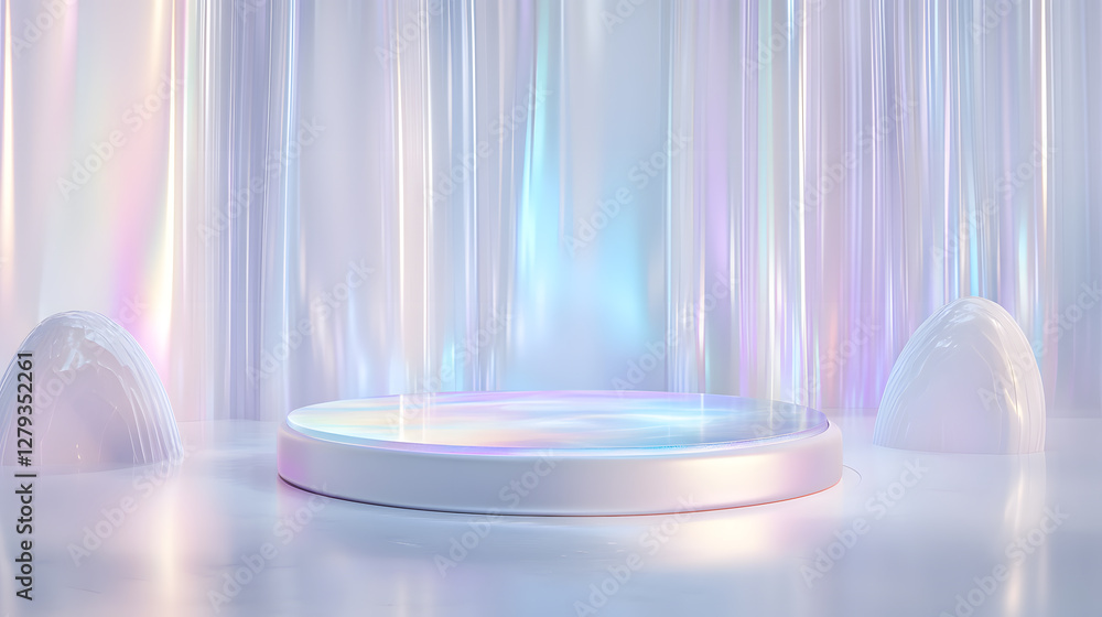 Poster dynamic glowing platform futuristic studio visual art ethereal setting wide angle light and reflecti