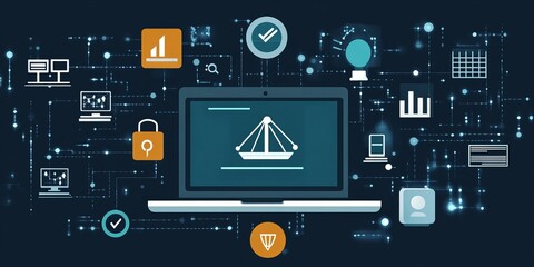 Regulatory compliance and governance framework illustrated through digital icons on a laptop screen, symbolizing the importance of adhering to rules and guidelines in the digital