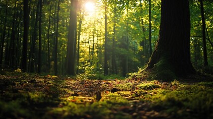 Obraz premium Sunlit forest floor with moss, leaves, and trees.
