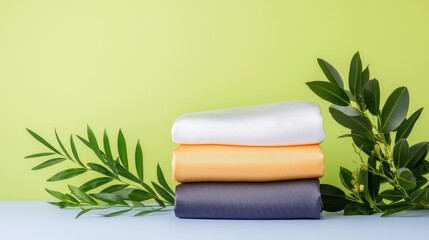 Stacked clothes with green leaves on pastel background, home interior, fashion, display