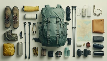 Hiking equipment neatly arranged including backpack map and hiking boots