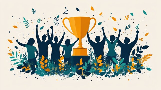 Celebration of achievement with diverse group of people raising hands around a trophy amidst foliage