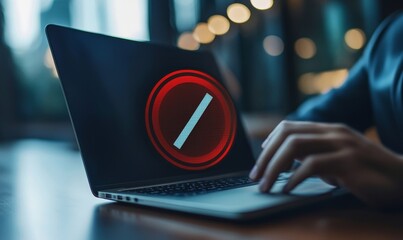 An image symbolizing the restriction or prohibition of artificial intelligence (AI) technology, represented by a red no entry sign overlaying the AI logo on a laptop used by a businessperson in a