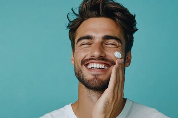 Excited handsome man applying moisturising cream on face, standing over blue background, doing morning routine. Male touching skin on cheek and smiling at