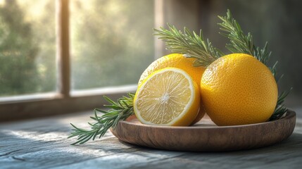 Fresh lemons and rosemary on wooden plate by window
