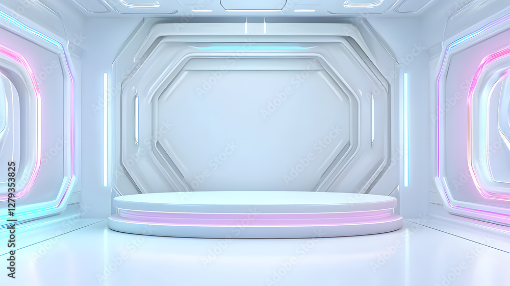 Poster dynamic stage setup in futuristic white room studio environment 3d rendering modern design concept