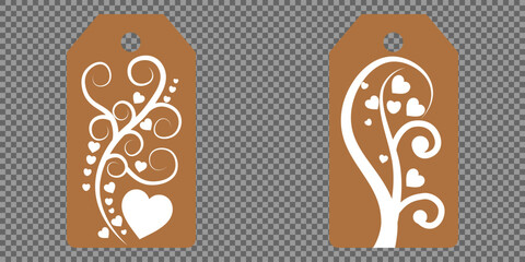 Set blank white paper price tags or gift tags. Set of gift or price tags shapes with hearts and love. Vector templates for cutting. Valentine's Day tag stencils. Mock up paper price tags or gift tags