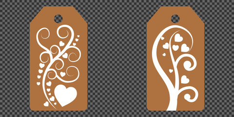Set blank white paper price tags or gift tags. Set of gift or price tags shapes with hearts and love. Vector templates for cutting. Valentine's Day tag stencils. Mock up paper price tags or gift tags