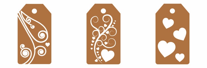 Set blank white paper price tags or gift tags. Set of gift or price tags shapes with hearts and love. Vector templates for cutting. Valentine's Day tag stencils. Mock up paper price tags or gift tags