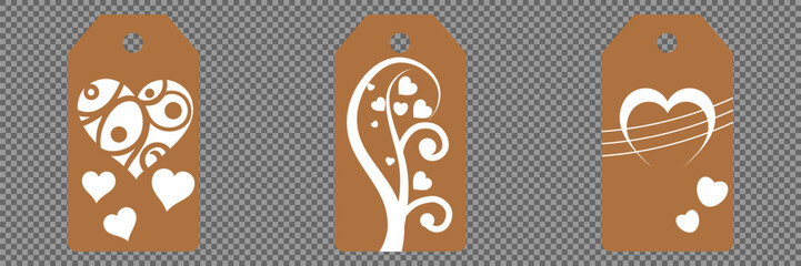 Set blank white paper price tags or gift tags. Set of gift or price tags shapes with hearts and love. Vector templates for cutting. Valentine's Day tag stencils. Mock up paper price tags or gift tags