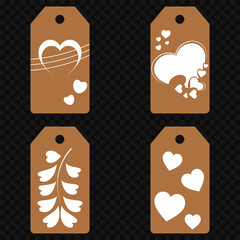 Set blank white paper price tags or gift tags. Set of gift or price tags shapes with hearts and love. Vector templates for cutting. Valentine's Day tag stencils. Mock up paper price tags or gift tags