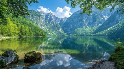 Fototapeta premium Mirror of the Mountains: A Pristine Lake Reflects the Majestic Peaks and Fluffy Clouds of a Mountain Landscape on a Clear Sunny Day