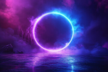 Surreal scene with luminous ring, reflective surface, and colorful nebula clouds. Abstract, dreamlike, and otherworldly landscape.