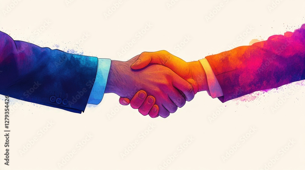 Poster Two hands shaking in a colorful abstract design symbolizing partnership and collaboration