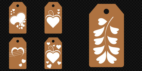 Set blank white paper price tags or gift tags. Set of gift or price tags shapes with hearts and love. Vector templates for cutting. Valentine's Day tag stencils. Mock up paper price tags or gift tags