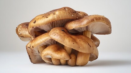 Fototapeta premium A mushroom bundle with diverse cap sizes and subtle lighting effects, placed in sharp focus on a solid white background.