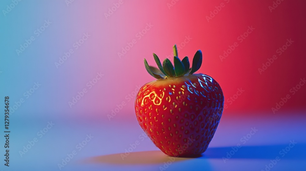 Poster vibrant strawberry illuminated with colorful lighting on a smooth surface, creating an artistic effe