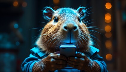 Capybara Using Smartphone  Night Lights  Funny Animal
