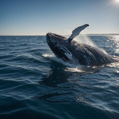 Fototapeta premium A massive whale emerging from the deep, its body shimmering in the sunlight.