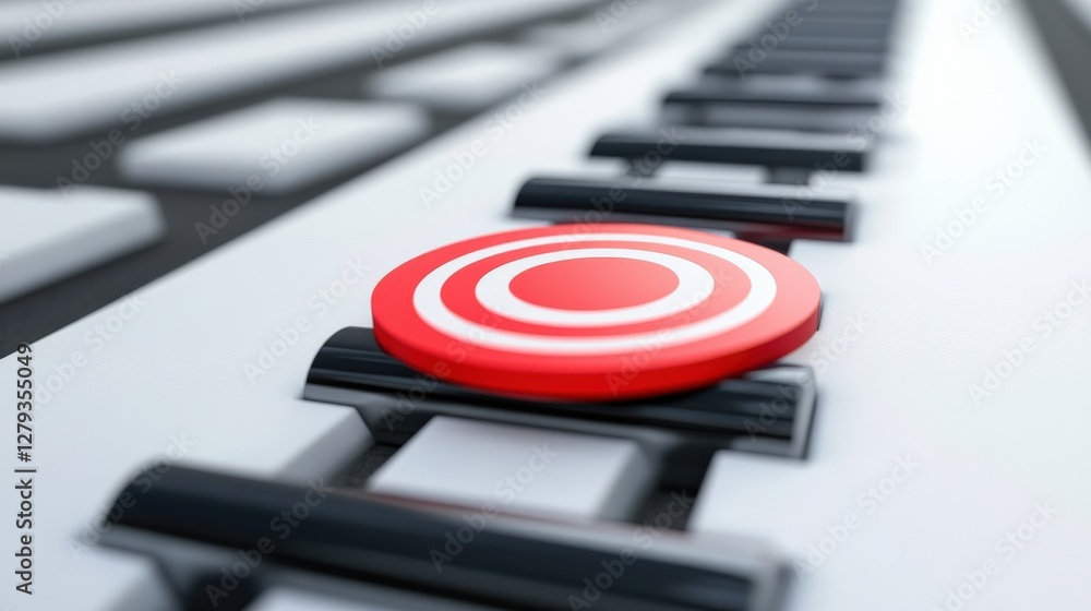 Poster close-up of a red target button on a sleek keyboard with blurred keys in the background