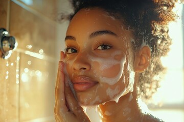 African American woman washes her face with water at the bathroom sink