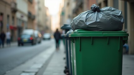 Wide view of green plastic trash can overflowing with garbage on blurred urban background