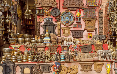 Various items of tourist gifts displayed outside a shop in Nepal