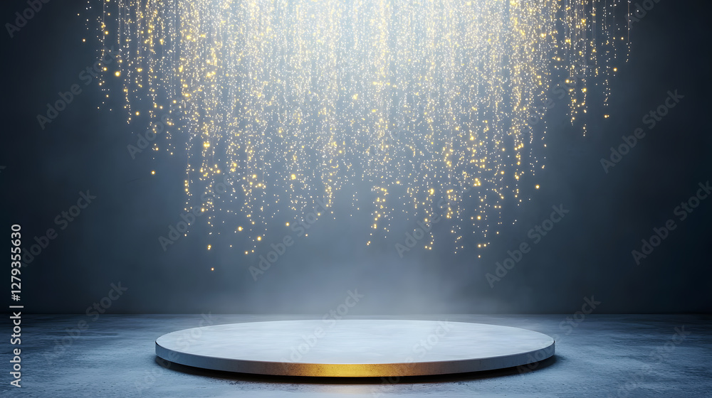 Poster magical sparkling light show studio stage visual art dimly lit environment centered view enchanting 