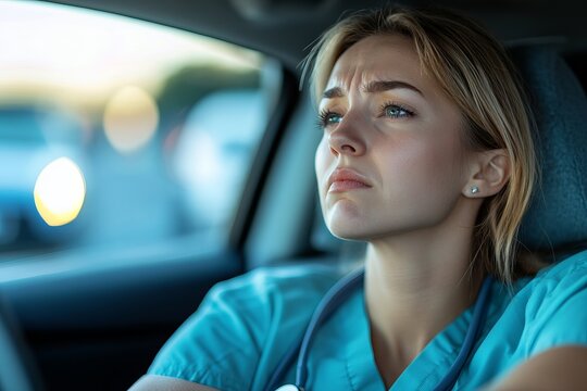 Work-life balance of healthcare worker. Tired nurse crying in car, going home after hard work day, doctor feeling exhausted