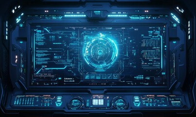 Futuristic command prompt on a digital interface with a holographic computer screen, depicting advanced technology and cybernetic innovation