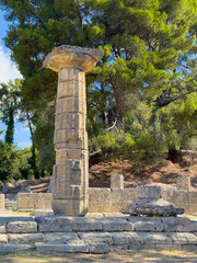 Olympia, Greece - July 4, 2024: Birthplace of the Olympic Games. Lone standing column at Temple of...