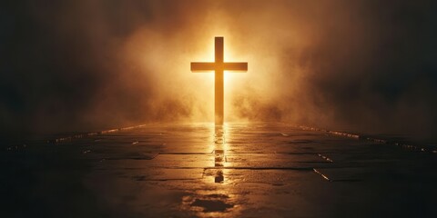 Naklejka premium Evocative silhouette of illuminated cross surrounded by misty atmosphere at dusk