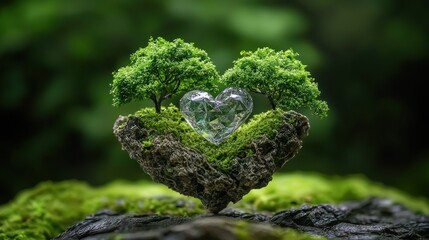 Heart-shaped island with trees, nature scene, sustainable concept