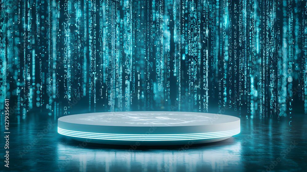 Poster digital matrix display futuristic technology studio 3d animation neon lights aerial view cyber conce