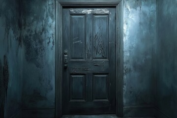 Locked door with deep scratches in a dimly lit hallway suggesting past struggles and secrets. Generative AI