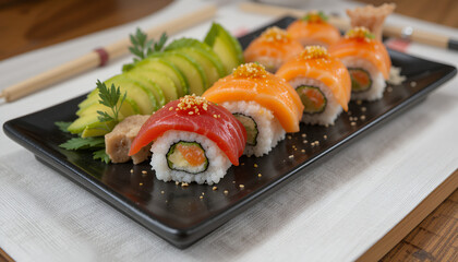 Delicious Sushi Rolls with Fresh Salmon, Tuna, and Avocado Arranged on Black Plate