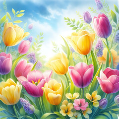 Fototapeta premium A colorful array of vibrant tulips in various hues including pink, purple, yellow, and white. The lush green leaves provide a fresh, natural backdrop, creating a cheerful spring scene.