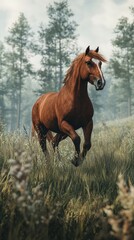 Fototapeta premium Brown horse trots gracefully through a misty forest meadow surrounded by tall grass and trees in the early morning light