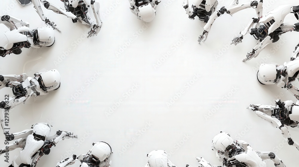Poster group of humanoid robots arranged in a circle on a white surface, showcasing technology and design