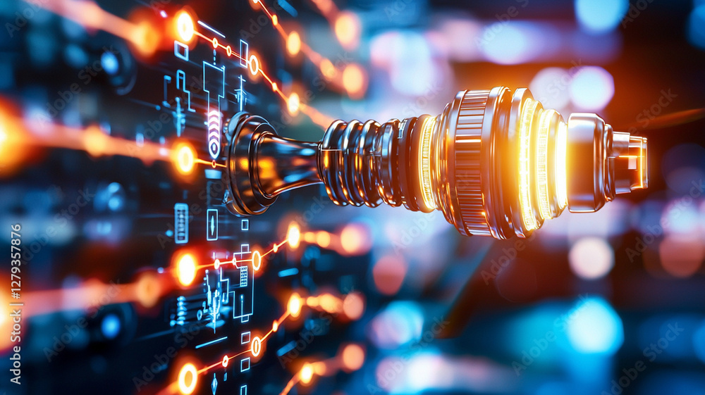 Poster close-up view of an illuminated mechanical component against a dark background with vibrant lights
